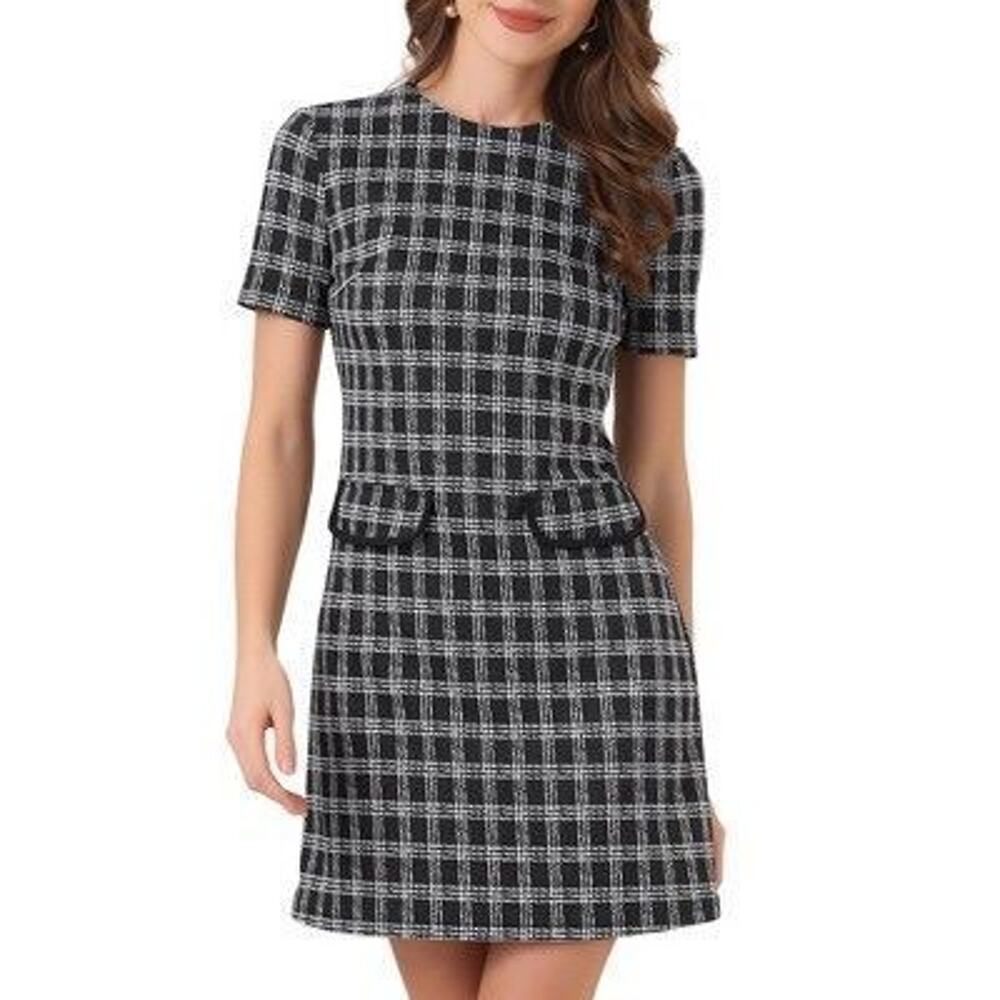 Black & White Plaid Tweed Shift Dress